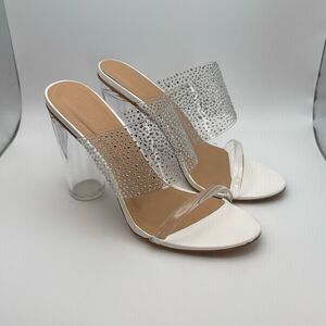 CUSHIONAIRE Women's Nori rhinestone lucite Heel Sandal SIZE 7.5 PREOWNED WHITE S